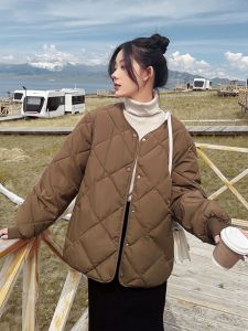 Spring 2024 Womens Loose Diamond Grid round Neck down Cotton Jacket Short Style College Style Cotton Coat Long Sleeve Regular Fit