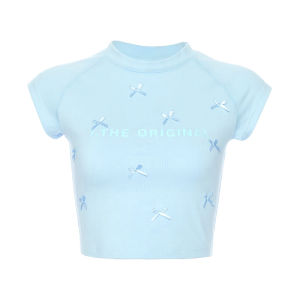 Sweet Butterfly Knot Short Sleeve Slim Fit T-Shirt Shoulder Baring Short Style Spicy Female Summer Fashion Cotton Blend Tee