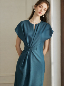 Roey s house | Round Neck Fitted Qilong Blue Mid-Length Dress