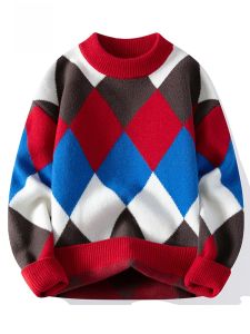 ROMON | Thickened Loomed Sweater For Men In Red Color Suitable For Winter Season Fashionable Urban Style Long Sleeve Loose Fit Knitwear