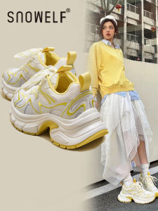 Yellow Thick Bottom Dad Shoes Womens 2025 New Genuine Leather Mesh Breathable Lace-Up Heightening Casual Sports Shoes