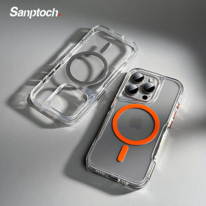 Sanptoch เคสโทรศัพท์แบบใสคริสตัลสำหรับ Magsafeสำหรับ iPhone 15 14 13 12 Pro Max กรอบ TPU แบบนุ่ม + ฝาแข็งอะคริลิคสำหรับ iPhone 15 Pro Max เคสกันกระแทกกันกระแทกทหารโปร่งใส