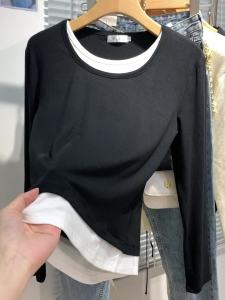 AMMIN 2024 Autumn new color contrast round neck fake two long sleeve cotton T-shirt womans Korean style casual comfortable elegant blouse