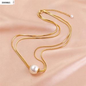 Titanium Steel Double Layer Pearl Necklace Womens Fashion Jewelry New Arrival Versatile Design Summer Style Snake Bone Chain