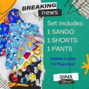 3in1 SANDO SHORTS PAJAMA set for kids boys ages infant  1 to 12 years old in DINO  TOY STORY  SAFARI  SUPERMAN  LOONEY  WBB  ELMO and more