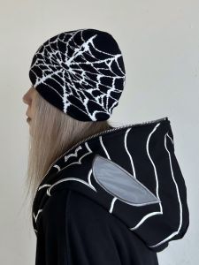 Wowac Spider Web Trendy Knitted Hat Men and Women Hip Hop Heattech Trendy K-style Autumn Winter Couple Ins Toe Cap Beanie Hat