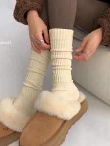 Tất Dài Đến Bắp Chân Dệt Kim Dày Màu Trắng Cho Mùa Thu Đông Tất Dài Đến Đầu Gối Tất Ngắn Đến Giữa Bắp Chân Tất Đi Bộ Trong Tuyết