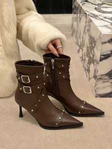 Giày Bốt Cao Gót Mũi Nhọn Co Giãn Thời Trang Mùa Thu Đông Mới Cho Nữ Giày Bốt Ngắn Đến Đầu Gối Thon Gọn Phong Cách Pháp