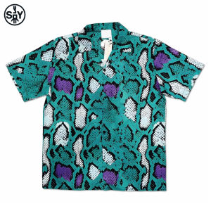 Luxurious Python Print Cuban Collar Short Sleeve Mens Shirt Spring Summer High-End Feeling Shirt Youth Trendy Brand Outfit