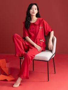 Plandoo Womens Cotton Pajamas Short Sleeve Long Pants Home Clothes Red Summer Thin Cotton Sleepwear