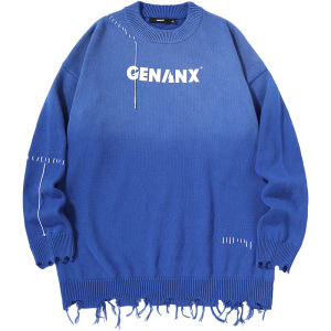 เสื้อสเวตเตอร์ถักลายตัวอักษรสีแดง Genanx Lightning Tide ทรงหลวม แขนยาว คอกลม ผ้าฝ้าย 100% แฟชั่นฤดูหนาว