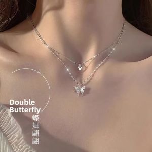 Double Layer Crystal Butterfly Necklace For Women Luxury Unique Style