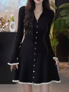 ชุดเดรสสั้นสีดำสไตล์ฝรั่งเศส ทรงเข้ารูป แขนยาว คอวี สำหรับผู้หญิง ฤดูใบไม้ร่วง 2025 ชุดชั้นในสุดหรูหรา สไตล์เกาหลี