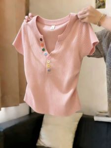 HUOLISI | Korean Style Colorful Button Design Short Sleeve T-shirt