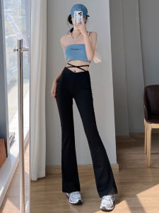 Black High Waist Bell Bottom Pants Womens Summer Thin Belted Slimming Design Sense Tie Tight Floor-Length Casual Long Pants