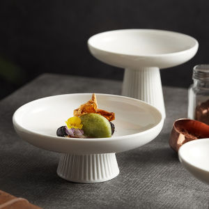 Elegant Ceramic High Footed Plate Japanese Style Restaurant Hotel Dining Utensils Snack Dish Tea Points round Shape Pure Color