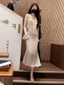 Elegant Autumn Womens Long Sleeve Organza Top And Skirt Set with Lace Hemline Fashionable Commute High Waist Midi Skirt