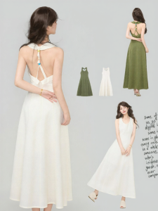 Keiko | Romantic French Style Neck-Hanging U-Neck Backless Lightweight Linen Dress