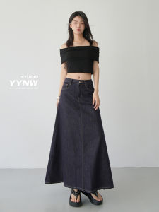 กระโปรงสั้นทรงเอเอวสูง สีน้ำเงินเข้ม ทรงเรโทร กระโปรงยาวคลุมเข่า ทรงเอ สำหรับผู้หญิง ฤดูร้อน 2024 กระโปรงทรงเอเอวสูง