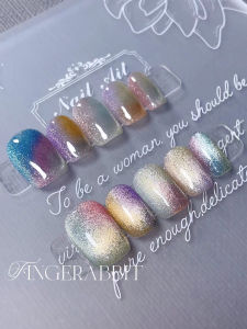 Handmade Short Nail Art Stickers Spring Summer Cats Eye Gradient Finished Product Childrens Daily Wear False Nails Tips