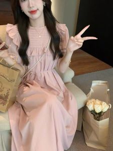 Sweet Collar Pleated School Style Dress Short Sleeve Long Skirt Women Summer High Waist Belted Korean Version A-Line Dress