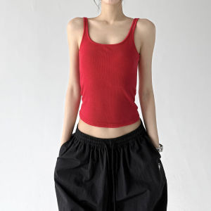 MUYUZI | Red Slim Fit Spaghetti Strap Short Tank Top