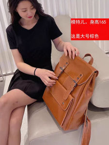 Leather Double Shoulder Bag Womens College Style 14 Inch Computer Backpack Commute Large Capacity British Retro Wearable Cowhide Bookbag