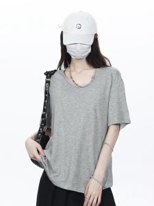 Áo Thun Nữ Tay Ngắn Cổ Tròn Rộng Rãi Màu Xám Mùa Hè Dáng Nhỏ Đơn Giản Đa Năng Thoải Mái Giản Dị Phong Cách Hàn Quốc