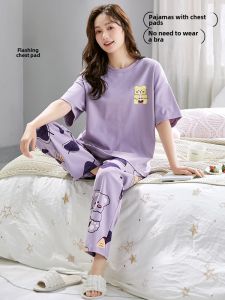 Womens Pajamas with Chest Pad Summer Thin Pure Cotton Short Sleeve Pants 2024 New Arrival Korean Style Sweet Homewear Suit