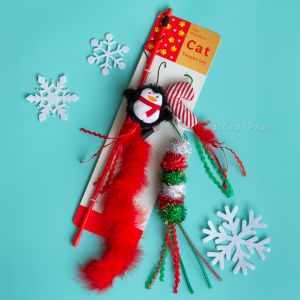 4pcs Set Christmas Xmas Holiday Penguin Grumpy Cat Ribbon Feather Kitty Grumpy Cat Teaser Chaser Stick Wand Replacement Plush Pet Dog Soft Toy