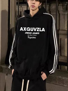 เสื้อสเวตเตอร์มีฮู้ดผ้าฝ้ายแท้ 3 แถบ ทรงหลวม สำหรับผู้ชาย ฤดูใบไม้ร่วง/ฤดูหนาว แฟชั่นอเมริกัน แจ็คเก็ตแบบมีฮู้ด ผ้าขนแกะ ทรงหลวม