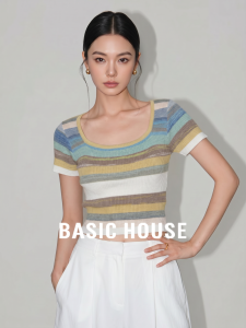 Basic House | Color Block Striped Square Neck Summer Wool-blend Knit Top