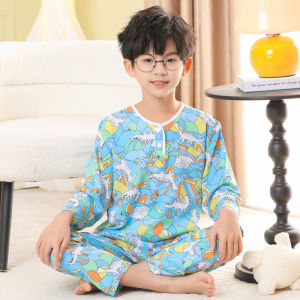 Summer Youth Boys and Girls Poplin Pajamas Thin Suit Long Sleeves Cotton Silk Youth Air Conditioning Room Homewear Suit