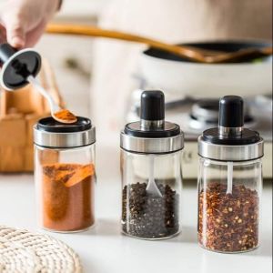 ขวดใส่เครื่องปรุงพร้อมช้อน กระปุกใส่น้ำตาล - 10 ขวดใส่ซอส กระปุกใส่เครื่องปรุง ขวดใส่เครื่องปรุง ขวดเครื่องเทศ ขวดซอส กระปุกแก้ว