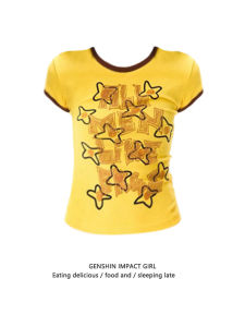 Yellow Dopa Star Graffiti Short Sleeve T-Shirt Womens Summer New Style Color Block Casual Versatile Short Length Spicy Top