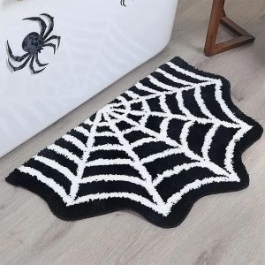 VIKAMA Black Spider Web Halloween Rug Bathroom Halloween Decorative Rug Bath Mat Faux Cashmere Doormat Living Room