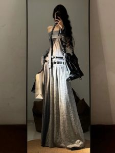 American Retro One Shoulder Grey Dress High Waist Long Skirt Spring New Style Casual Travel Date Street Wear Polyester Fiber