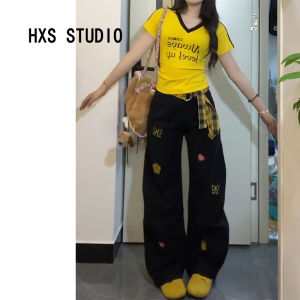 Quần Jeans Ống Rộng Thêu Thẳng Kiểu Dáng Rộng Phong Cách Mỹ Cổ Điển Cho Nữ Quần Dài Đến Sàn Cạp Cao Có Lỗ Xẻ Quần Jeans Thường Ngày