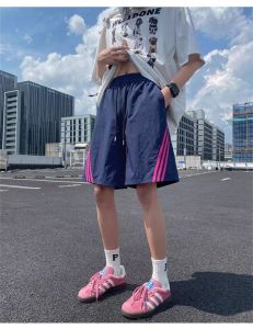 Summer mens lightweight striped ice silk straight tube quick drying loose casual sports five quarter shorts