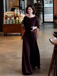 Elegant Dark Red Long Dress Formal Occasion High Waist A-Line Skirt Polyester Fiber Micro Stretch Autumn Season High Quality