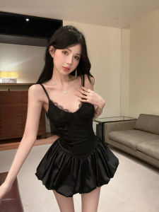 GUZILIAN | Black V-Neck Lace Trim Seductive Backless Waist Cincher Fitted Dress