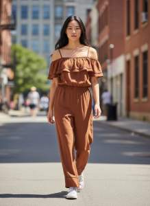 Affordable Preloved Jumpsuit Brown Off-Shoulder Ruffle Design Casual Streetwear