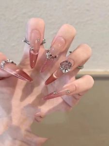 Ins Ice Transparent Sakura Red Cat Eye Long Sharp Pure Desire High-End Handmade Wearing Beauty Nail Art Glitter Diamond
