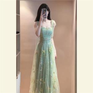Green French Style Autumnal Womens Dress Elegant Forest System Halter Neck Strapless Long Skirt High Waist A-Line Korean Version