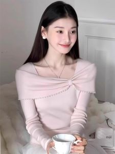 DUOFEIYAN | Áo Sweater Knit Dài Tay Phong Cách Ôm Body Màu Hồng Xẻ Vai