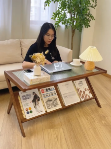 Bamboo Coffee Table Rattan Shelf  Wooden Tea Table with Magazine Storage for Living Room Home