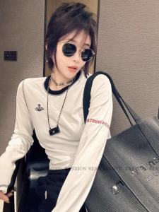Fashionable Long Sleeve T-Shirt Womens Base Shirt Embroidered 2025 Letters Thickened Autumn Winter Warm Inner Wear Top