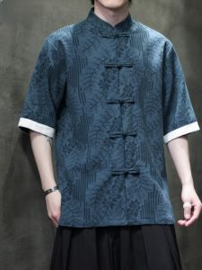 Áo Sơ Mi Vải Lanh Tay Ngắn Mùa Hè Mỏng Phong Cách Trung Hoa Mới Cổ Đứng Nút Đệm Cotton Lanh Thời Trang