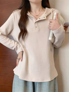 เสื้อสเวตเตอร์มีฮู้ดสำหรับผู้หญิงไซส์ใหญ่ ทรงหลวม ปกปิดหน้าท้อง แฟชั่นฤดูใบไม้ร่วง แขนยาว 7 นิ้ว เสื้อผ้าผู้หญิง