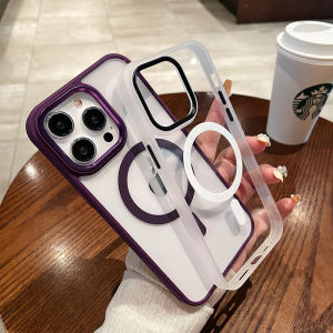 CrashStar MagSafe Clear Transparent Hard Shockproof Phone Case For iPhone 15 14 Pro Max Plus 13 12 11 Pro Max Wireless Charging Phone Casing Simple Phone Cover With Meatl Camera Ring Protection
